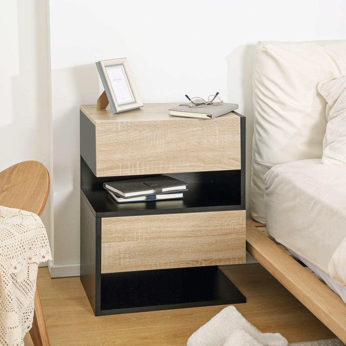 HOMCOM Modern Bedside Table Set of 2 with Drawer and Shelf