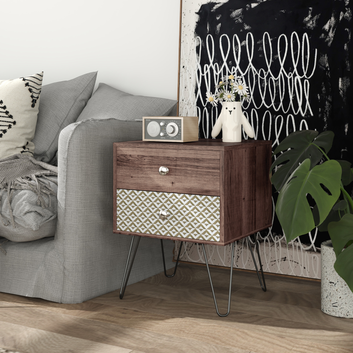 Chic Boho Style Bedside Table with Storage - Brown Wood Effect Design