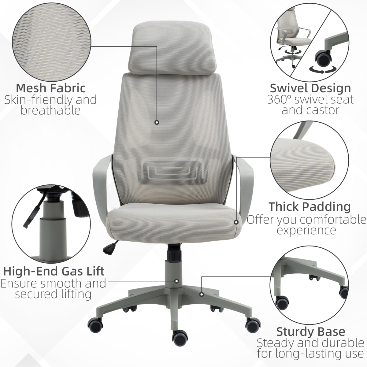 Mesh Back Office Chair w/ Adjustable Height Padded Headrest Grey Vinsetto