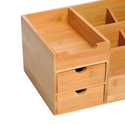 Eco Bamboo Desk Organizer - 2 Drawers, 7 Compartments