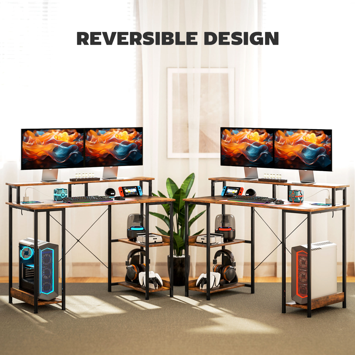 HOMCOM Rustic Brown Reversible Computer Desk with Storage & Monitor Stand