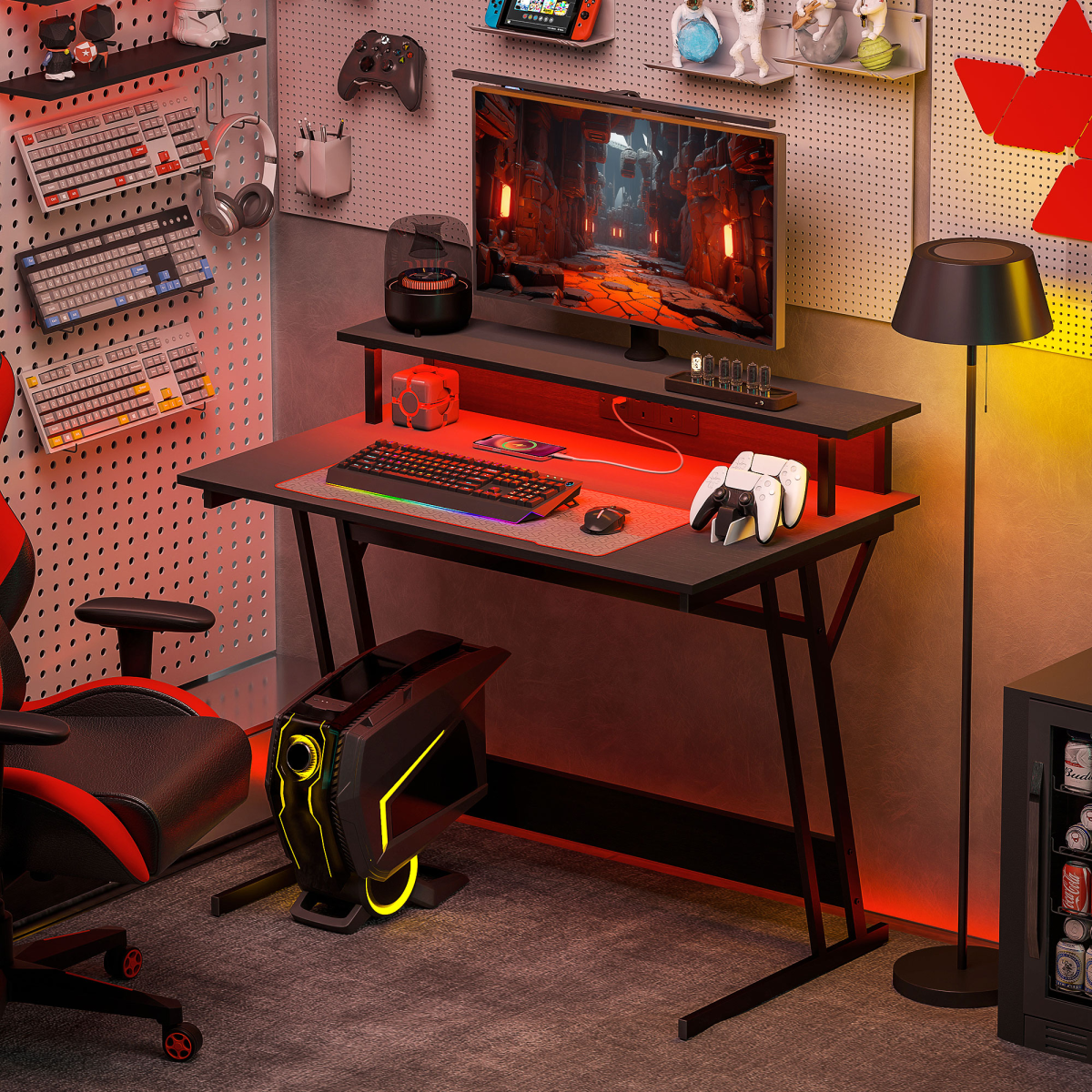 HOMCOM LED Gaming Desk with RGB Lights, Power Outlets & Monitor Stand 100x60cm