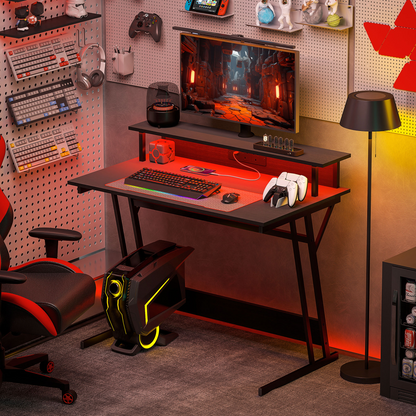 HOMCOM LED Gaming Desk with RGB Lights, Power Outlets & Monitor Stand 100x60cm