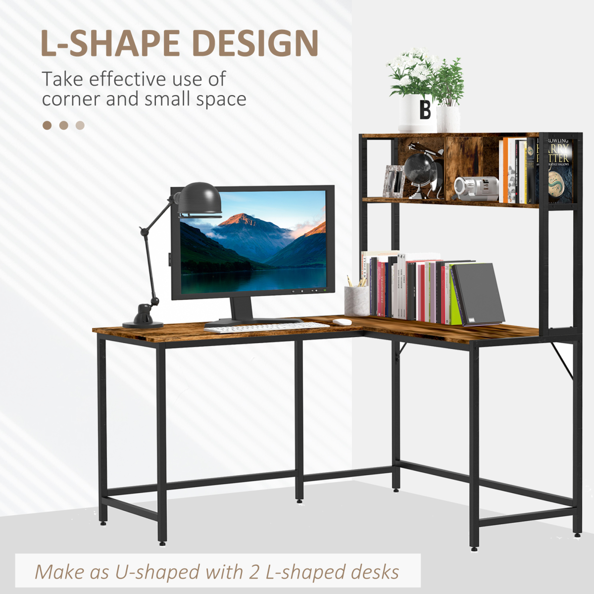 Industrial L-Shaped Desk with Shelf, 149x140x125cm, Brown & Black