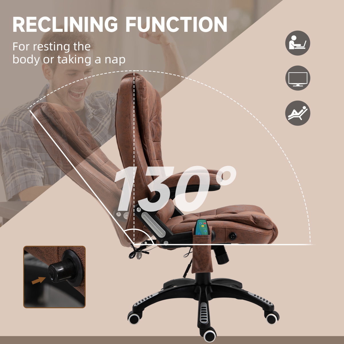 Executive Reclining Chair w/ Heating Massage Points Relaxing Headrest Brown