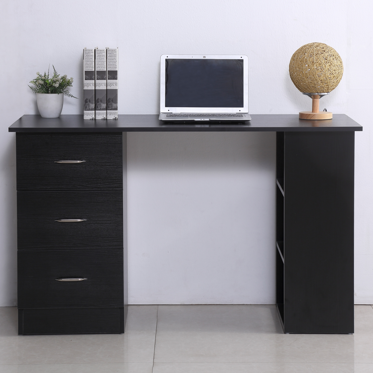120cm Black Computer Desk with 3-Shelf Storage & Drawers