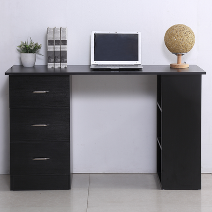 120cm Black Computer Desk with 3-Shelf Storage & Drawers