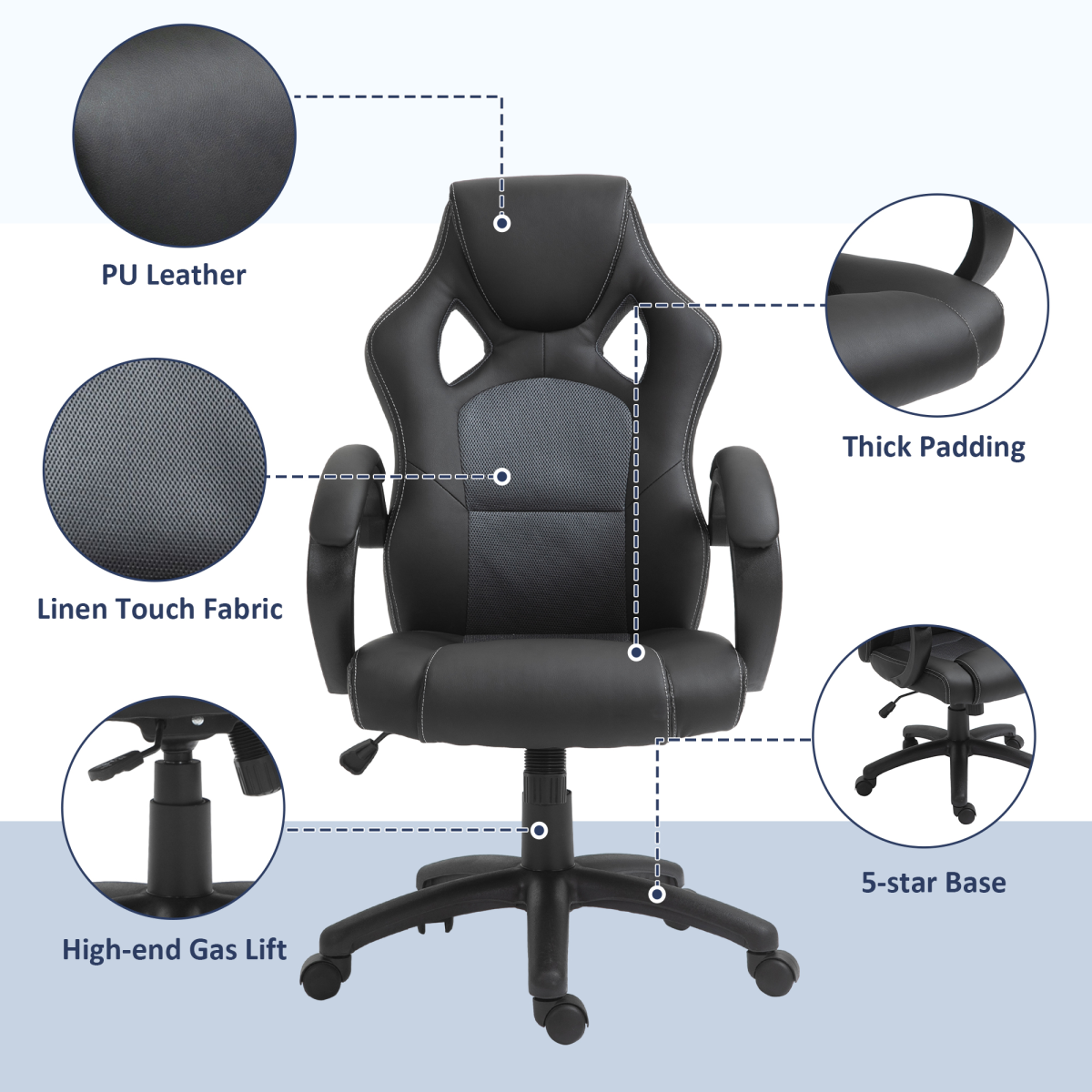 Executive Racing Swivel Gaming Office Chair PU Leather Computer Desk Chair Grey