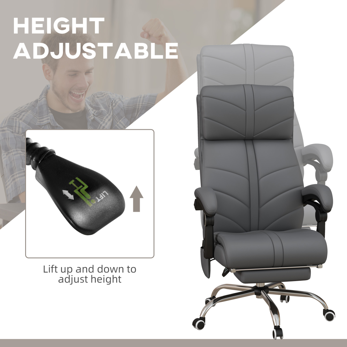 Vinsetto PU Leather Vibration Massage Office Chair with Heat, Footrest, Grey