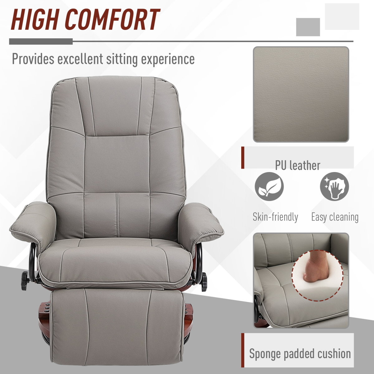 Ergonomic Recliner Sofa Chair PU Leather Armchair Lounger with Footrest, Grey