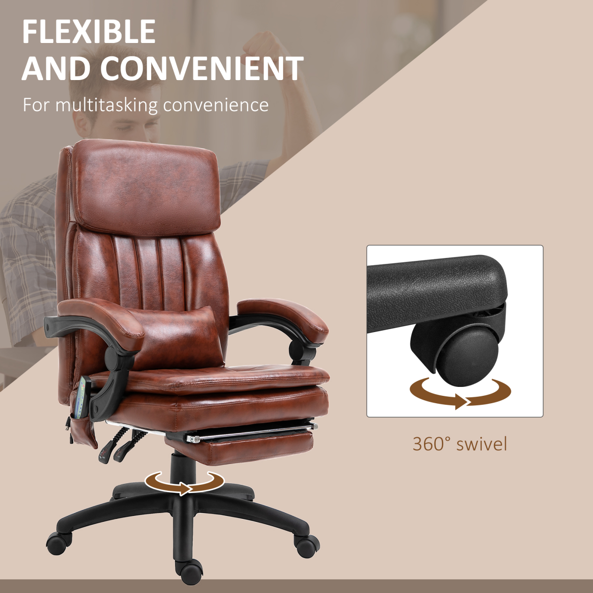 Ergonomic Office Chair w/ 7 Massage Points Headrest Armrest Footrest Brown