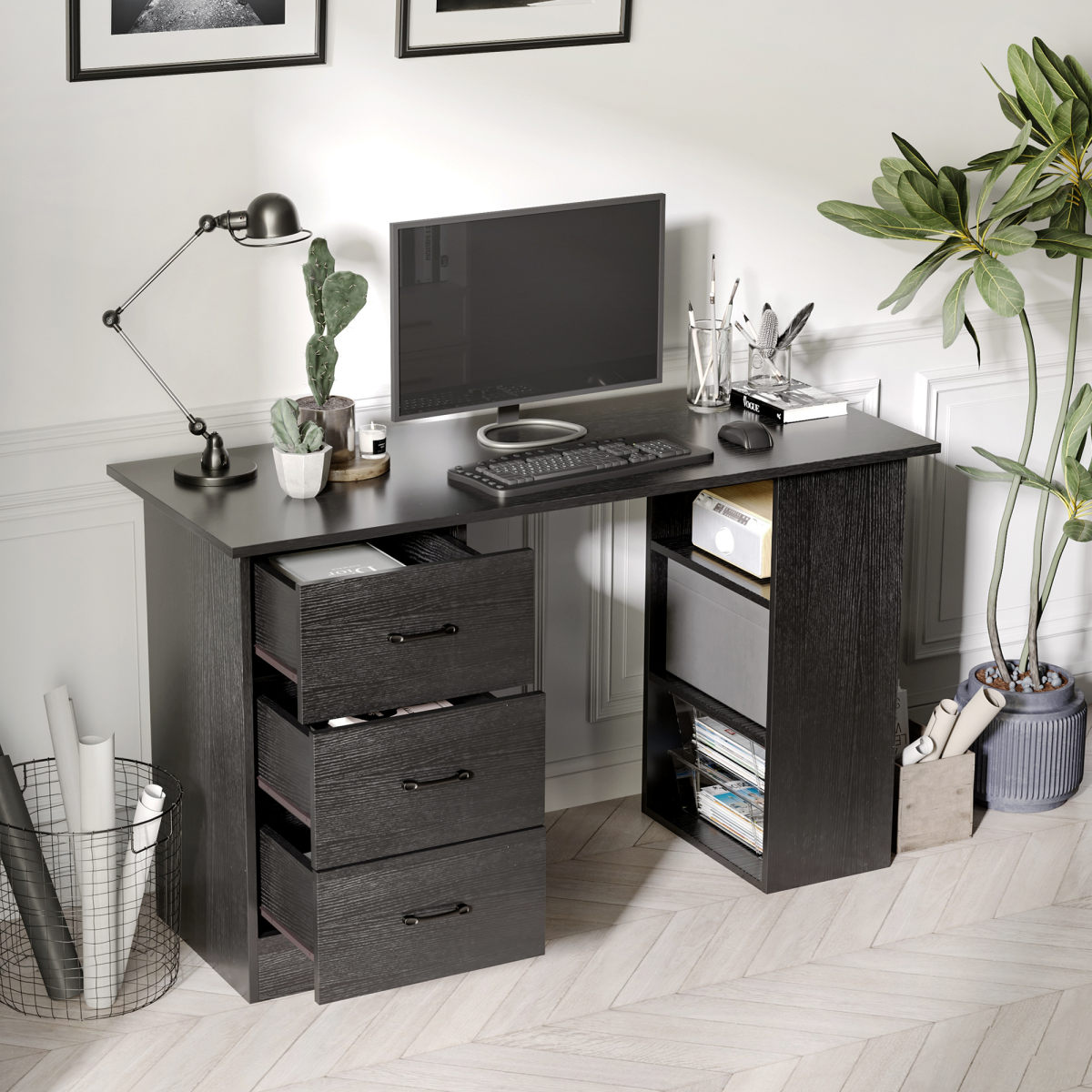 120cm Black Computer Desk with Drawers & Open Shelves, Left/Right Config
