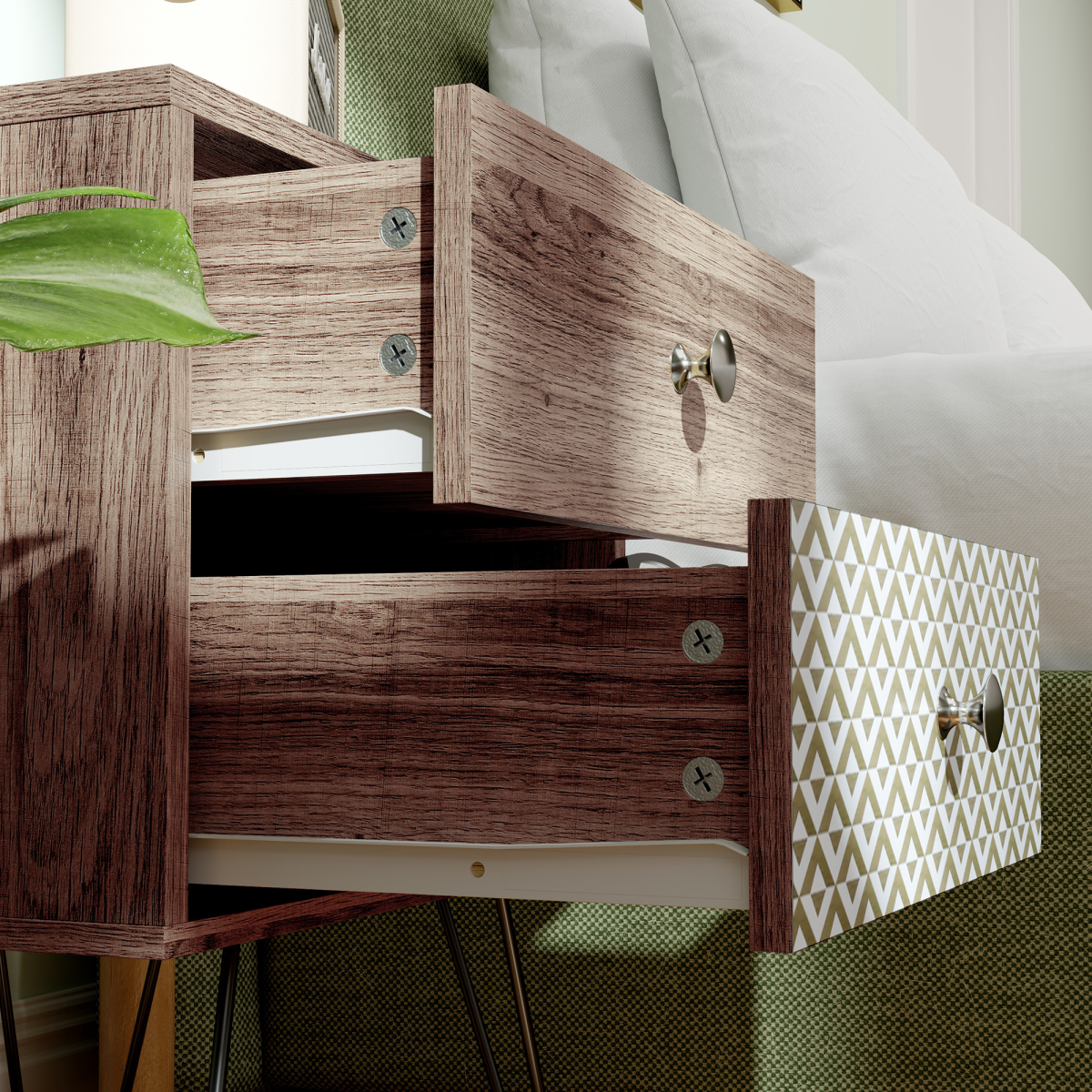 Chic Boho Style Bedside Table with Storage - Brown Wood Effect Design