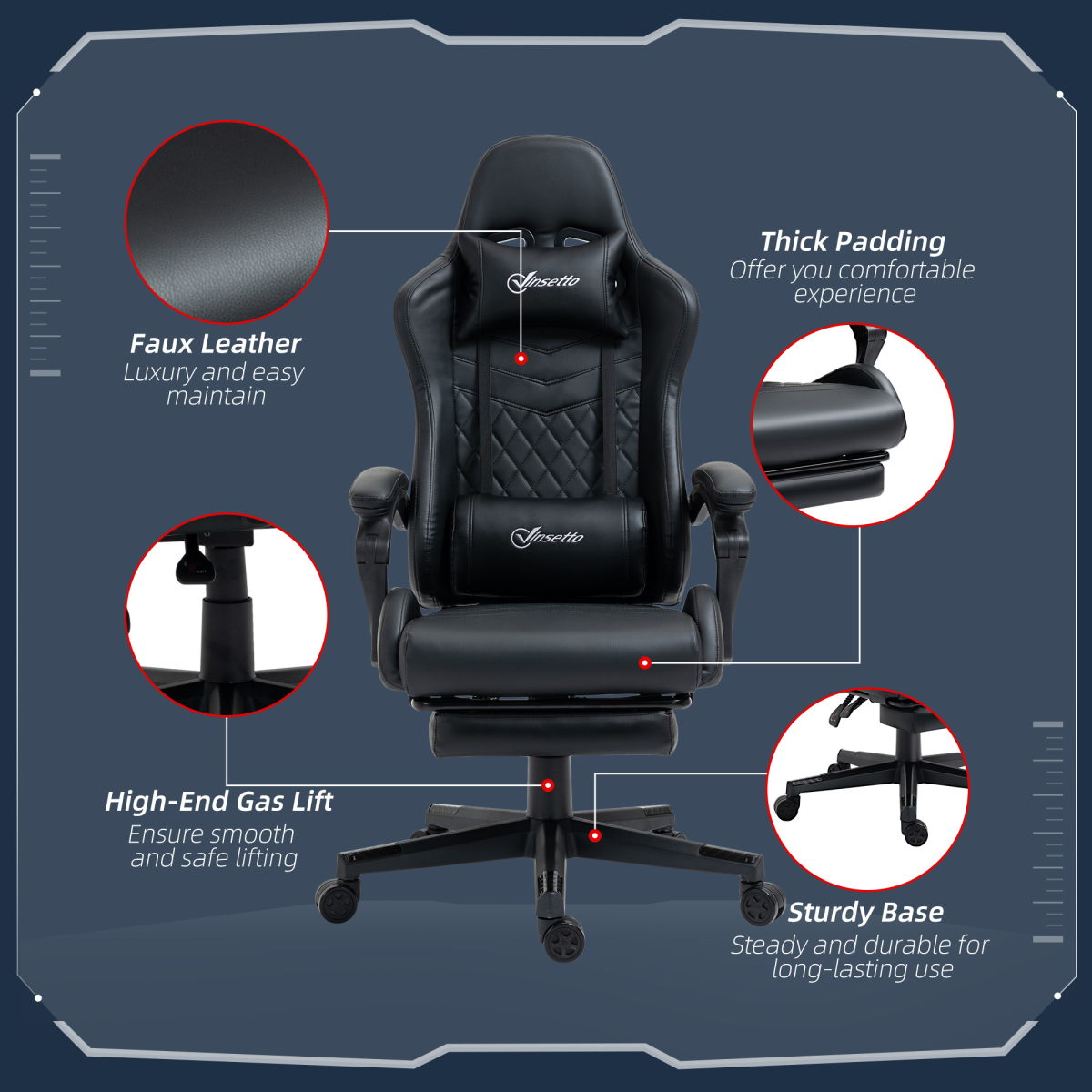 Racing Gaming Chair PU Leather Gamer Recliner Home Office, Black