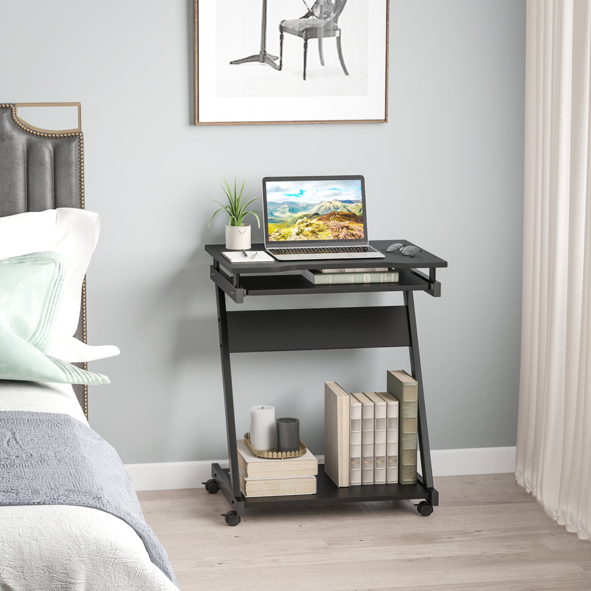 Rolling Computer Desk with Sliding Keyboard Tray - Black, 4 Wheels