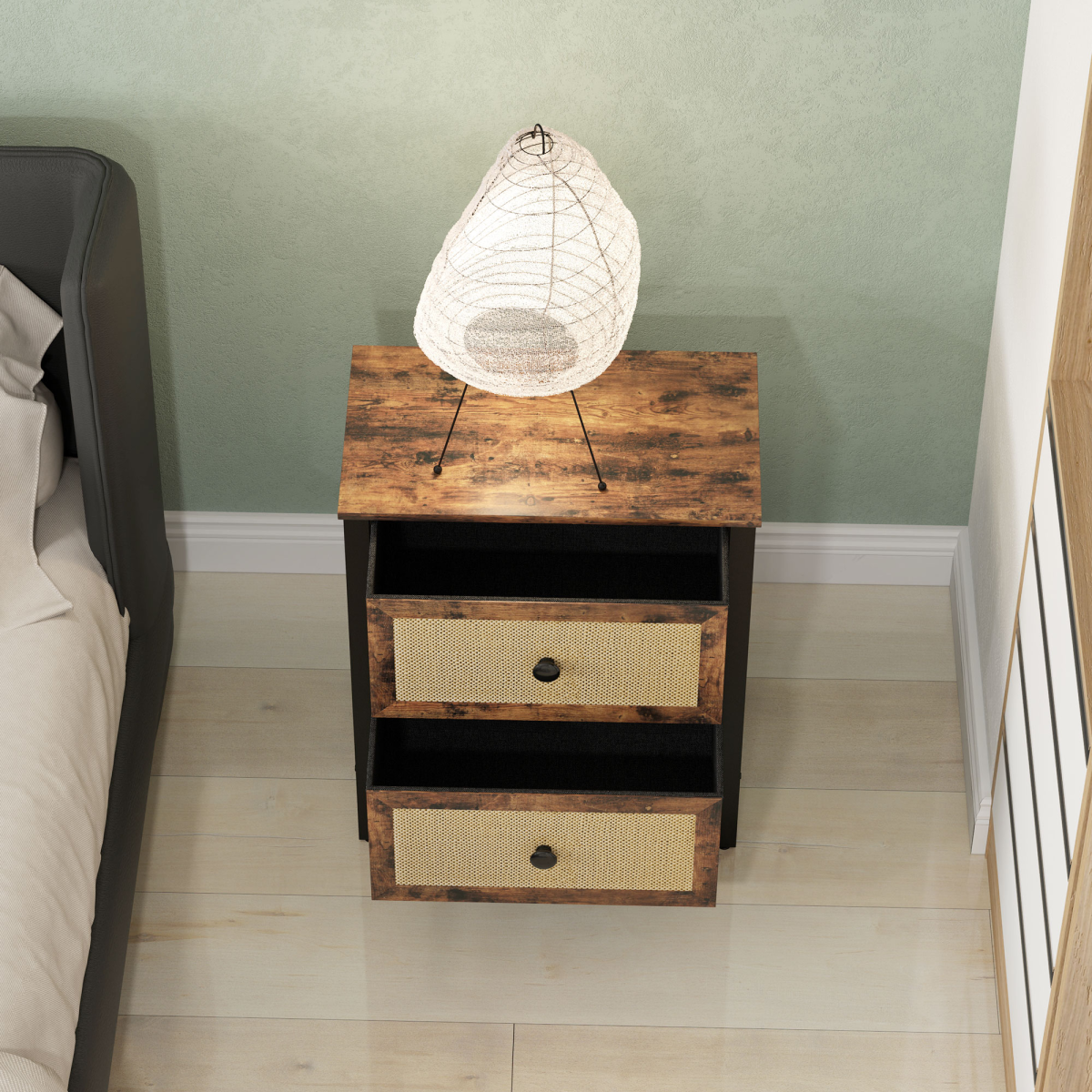 HOMCOM Bedside Table with 2 Rattan Drawers and Steel Legs, Rustic Brown