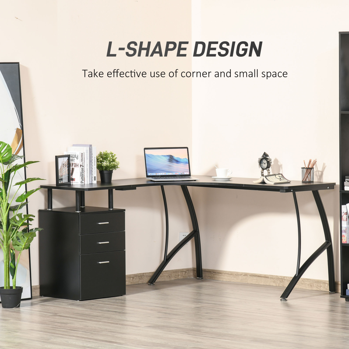 L-Shaped Corner Desk with Drawer, Black, Home Office by HOMCOM