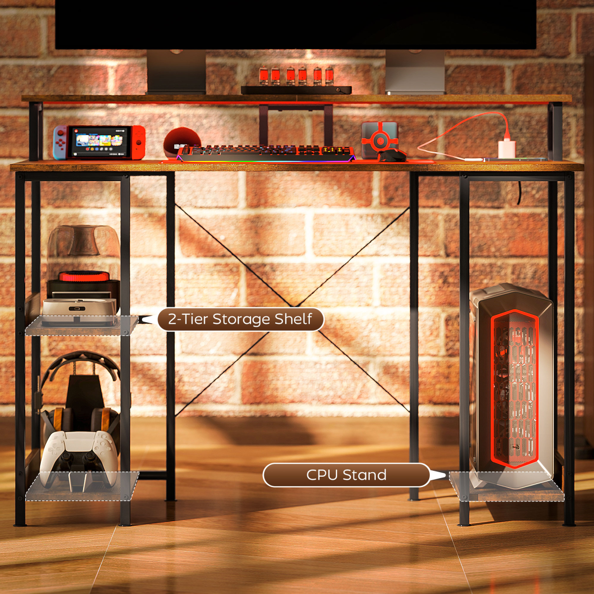 HOMCOM Rustic Brown Reversible Computer Desk with Storage & Monitor Stand