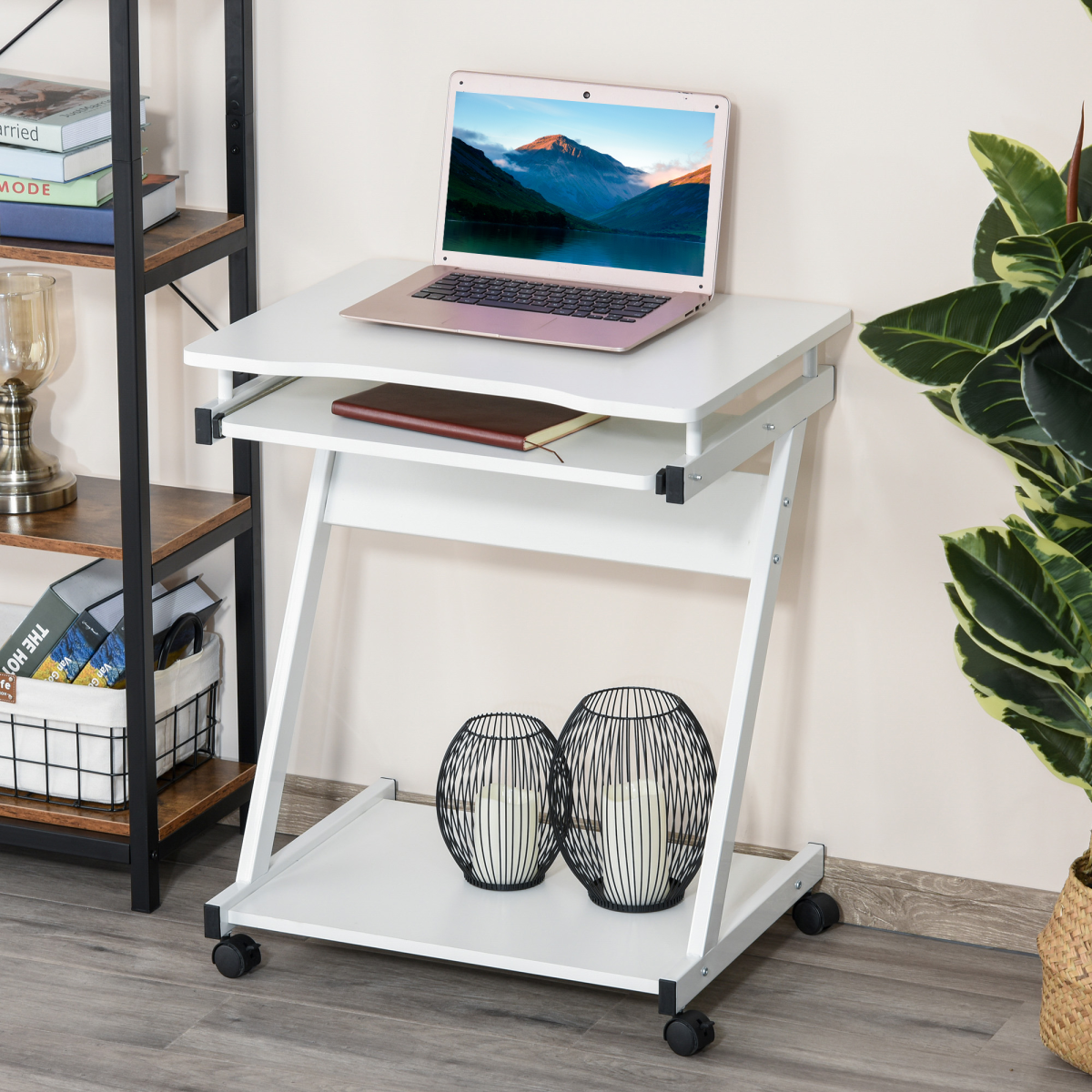 White Mobile Computer Desk with Sliding Keyboard Tray and 4 Wheels