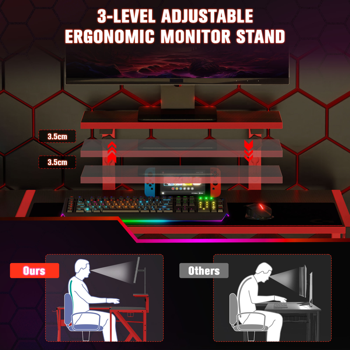 Red L-Shaped Gaming Desk - 49.25x49.25x29.5 in, Monitor Shelf & Cup Holder