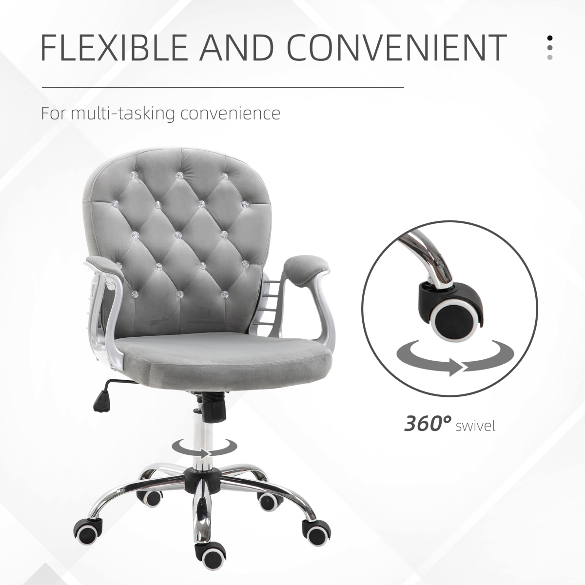 Office Chair Luxury Velour Diamond Tufted Padded Ergonomic 360 Swivel Grey