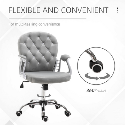 Office Chair Luxury Velour Diamond Tufted Padded Ergonomic 360 Swivel Grey