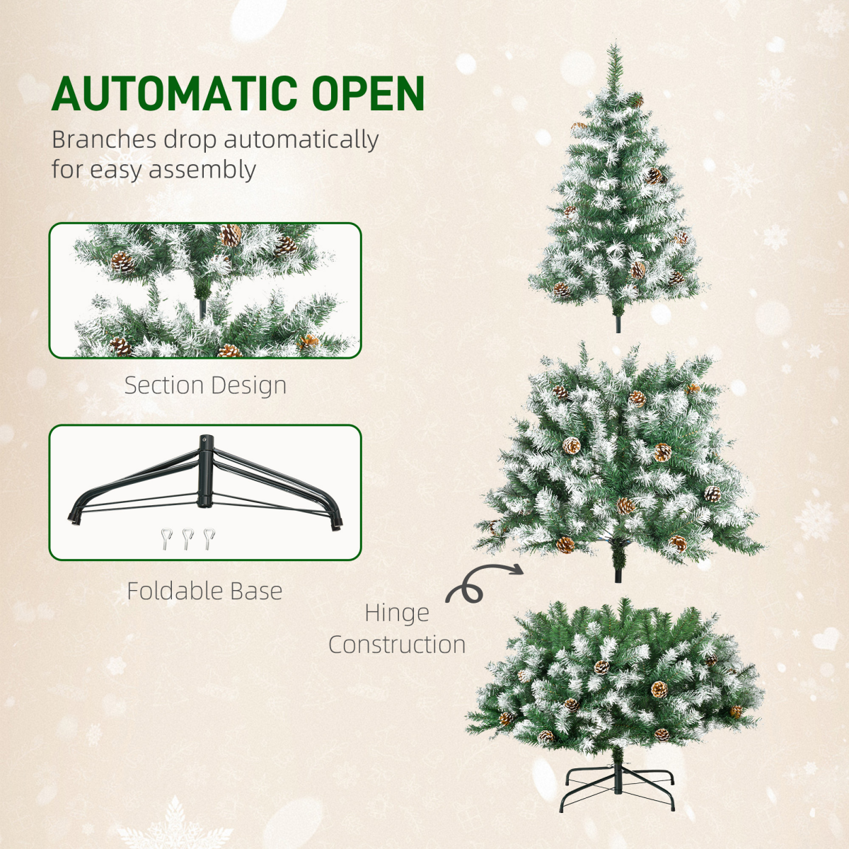 6FT Artificial Christmas Tree with Pine Cones, Automatic Open, Flame Retardant