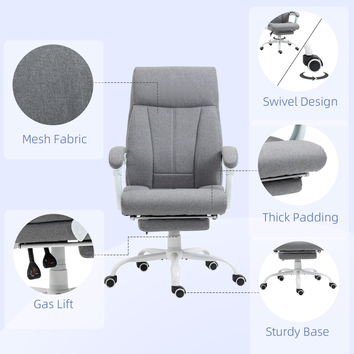 Vinsetto Fabric Office Chair for Home with Arm, Foot Rest, Wheels, Grey