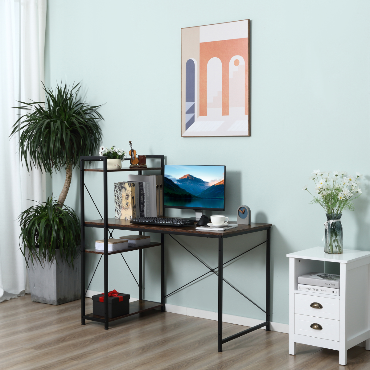 All-in-One Desk with 4-Tier Bookshelf, Left/Right Config, Steel Frame