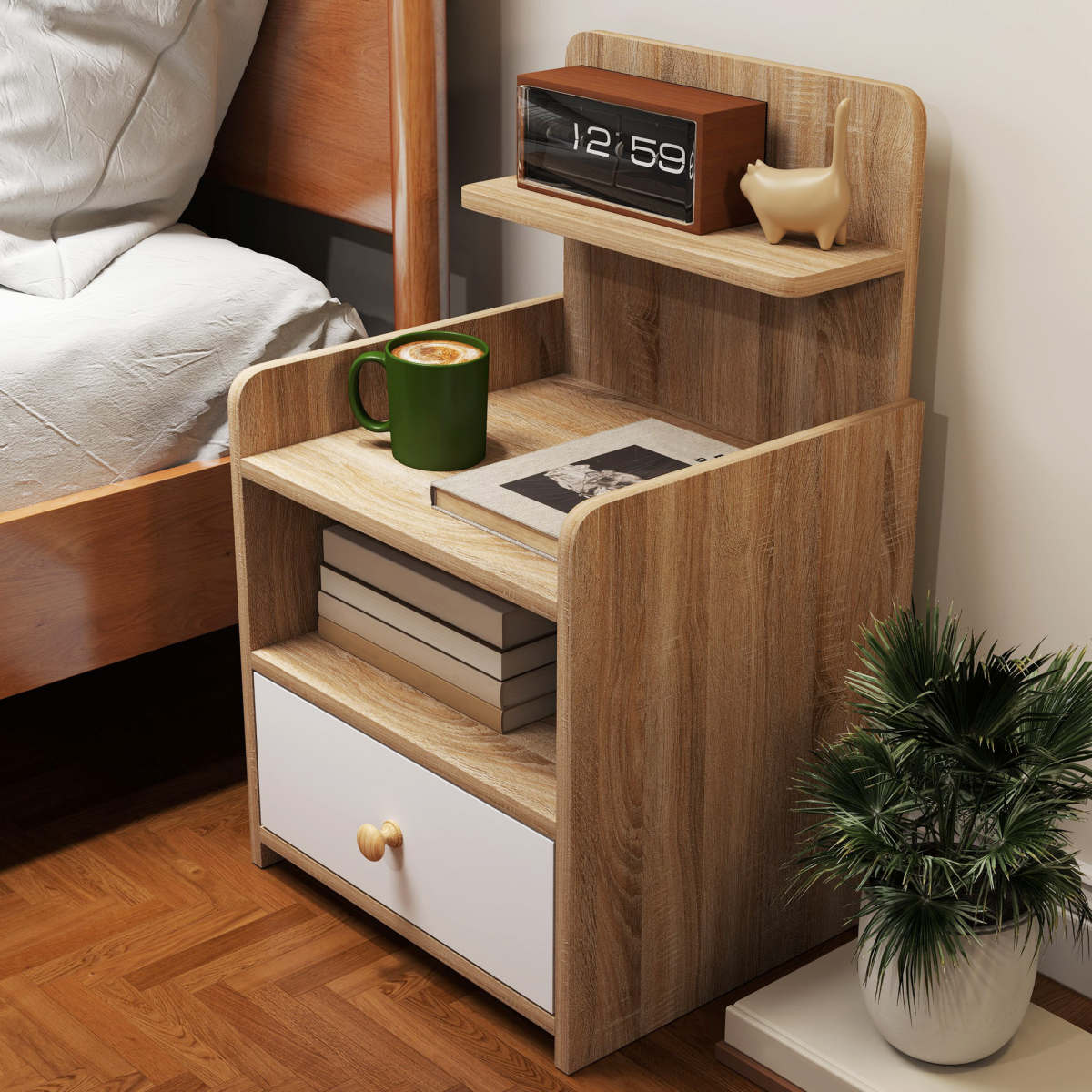 HOMCOM Bedside Table with Drawer for Bedroom, Living Room, Natural Wood Effect