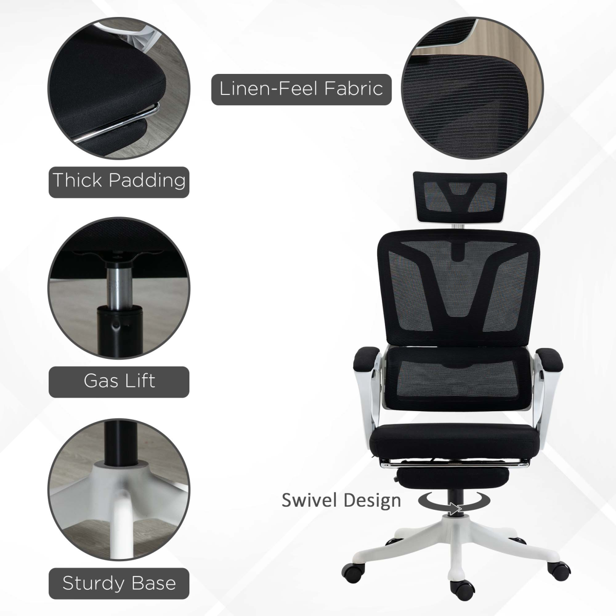 Vinsetto Mesh Office Chair for Home with Lumbar Support, Arm, Footrest, Headrest