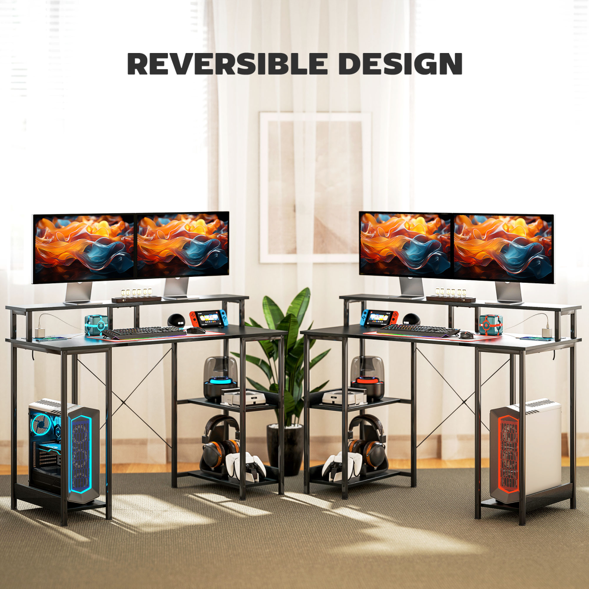 HOMCOM Reversible Home Office Desk with USB Charging RGB LED Storage