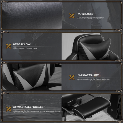 Gaming Chair Ergonomic Reclining w/ Manual Footrest Wheels Stylish Office Grey