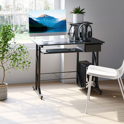 HOMCOM Black Wood Computer Desk with Keyboard Tray, CPU Stand & Elevated Shelf