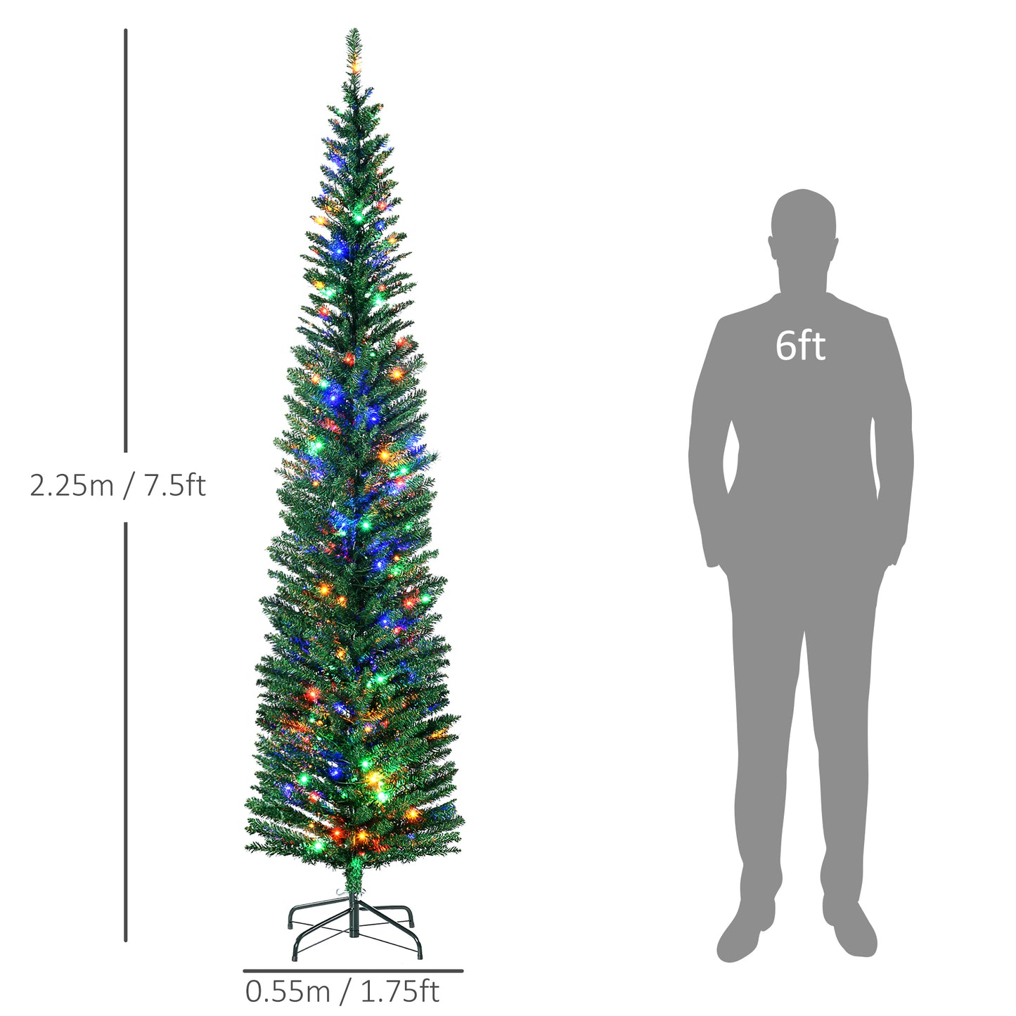 7.5ft Slim Pencil Christmas Tree with Colorful LED Lights & Steel Base