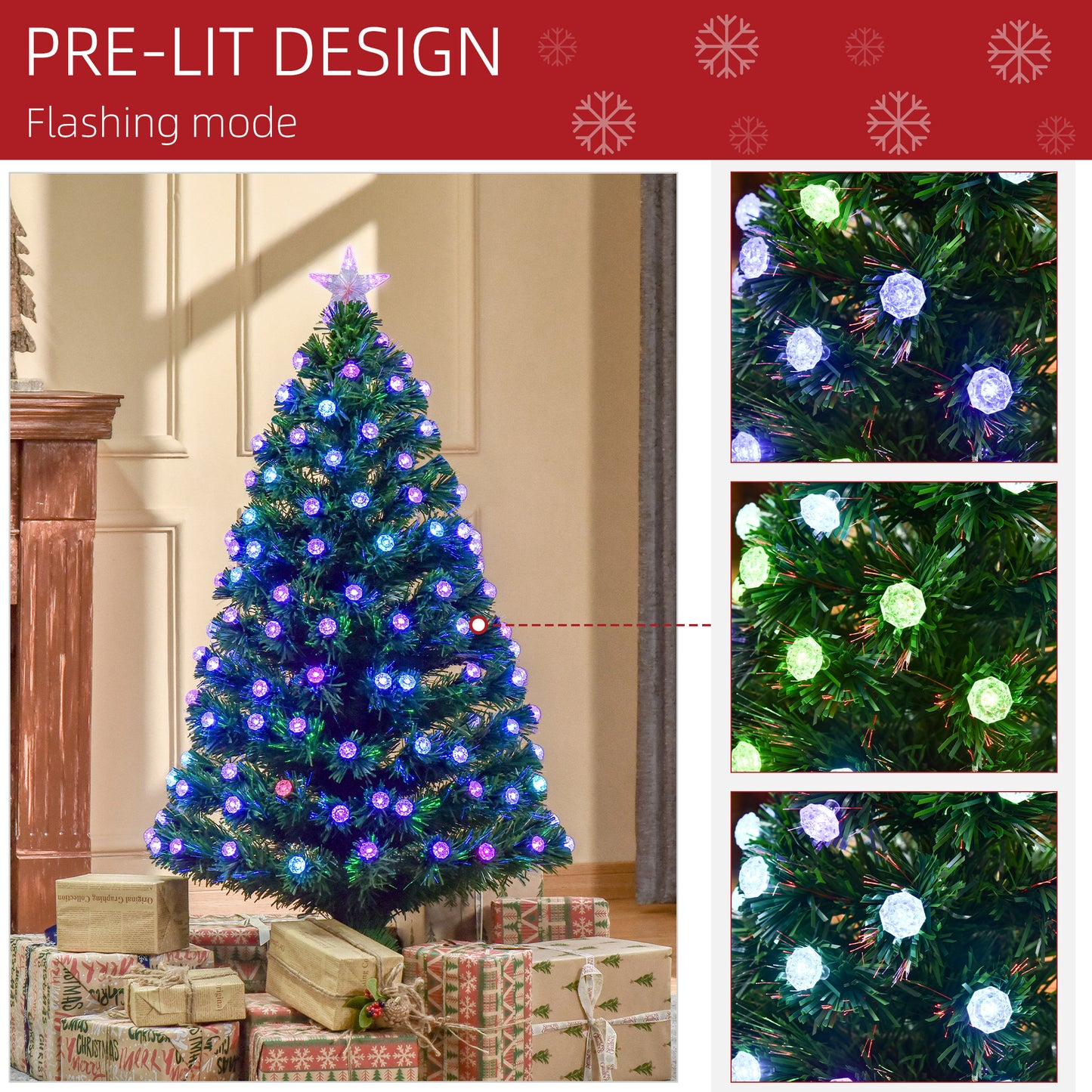 4ft Pre-Lit Fibre-Optic Christmas Tree with RGB LED Lights, 130 Branches