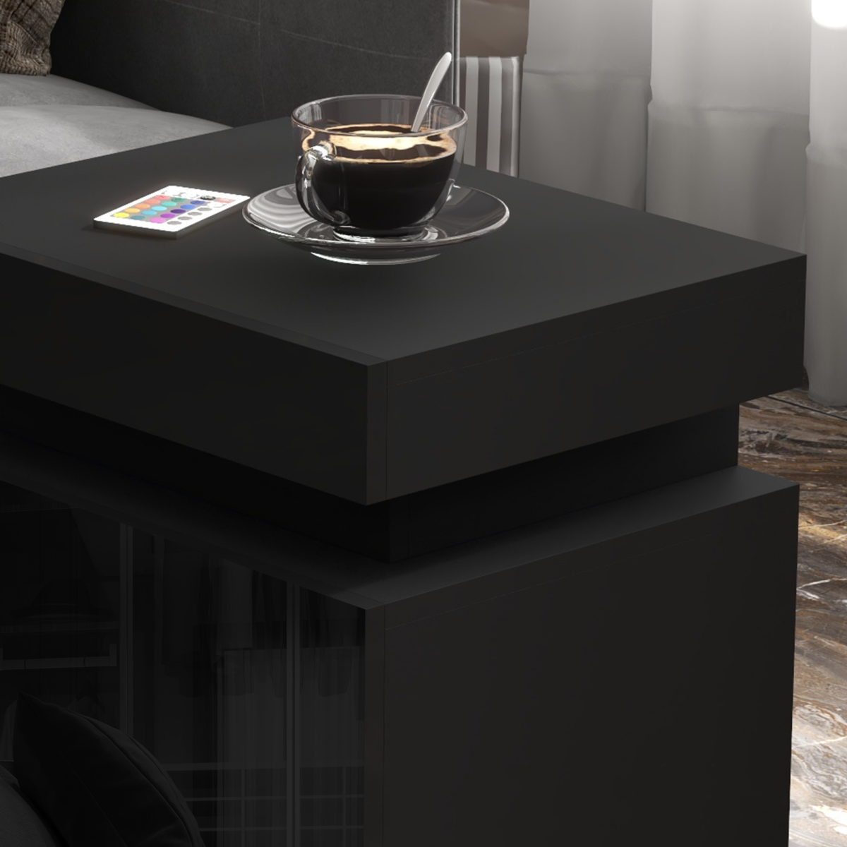 HOMCOM High Gloss Bedside Table with LED Light and 2 Drawers, Black