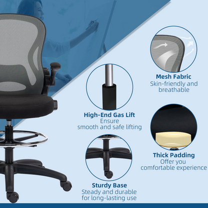 Vinsetto Draughtsman Chair Tall Office Chair w/ Adjustable Footrest, Dark Grey