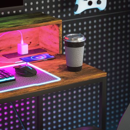 HOMCOM LED Lighted Computer Desk with Shelf - Remote & Rustic Brown