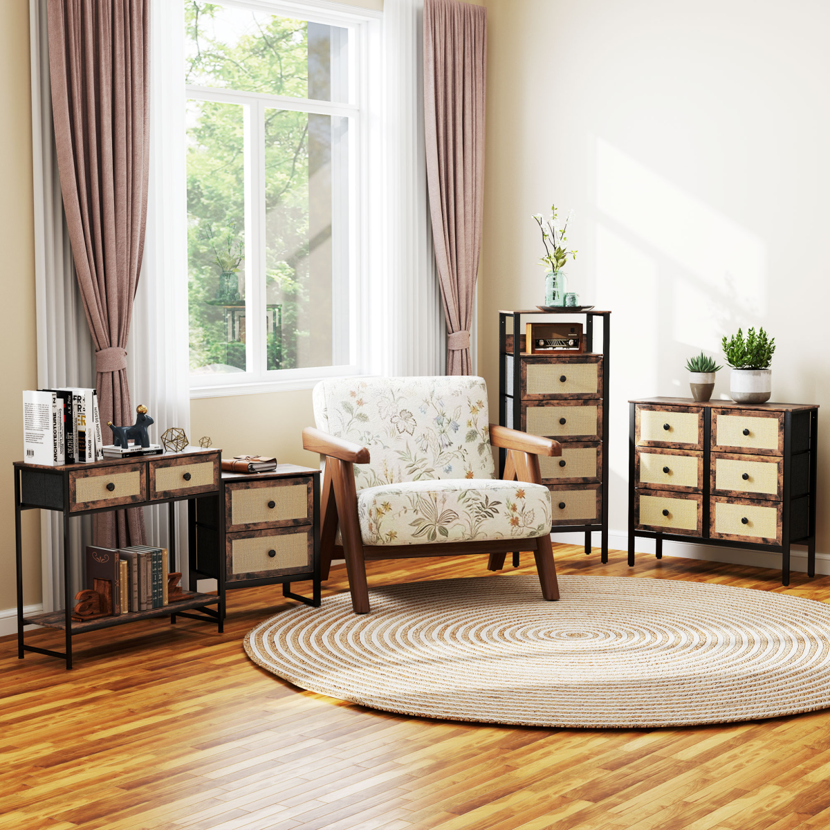 HOMCOM Bedside Table with 2 Rattan Drawers and Steel Legs, Rustic Brown