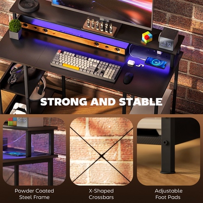 HOMCOM Reversible Computer Desk with Storage & RGB LED Lights - Grey