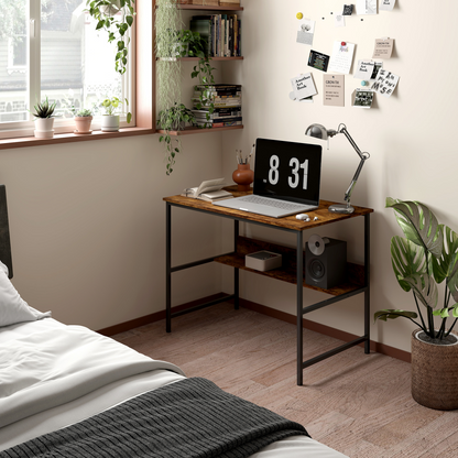 HOMCOM Rustic Brown 2-Tier Writing Desk with Metal Frame & Storage Shelf