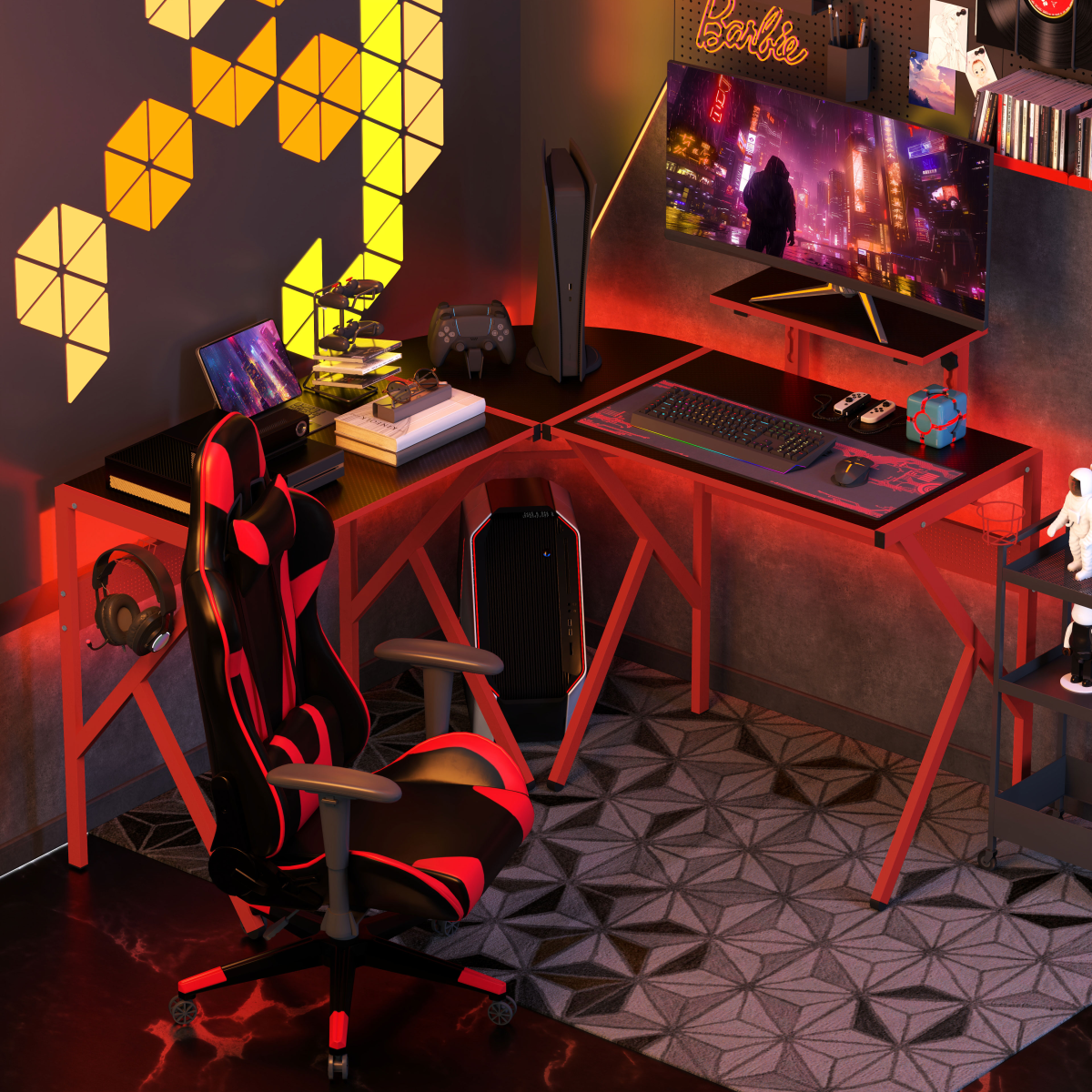 Red L-Shaped Gaming Desk - 49.25x49.25x29.5 in, Monitor Shelf & Cup Holder