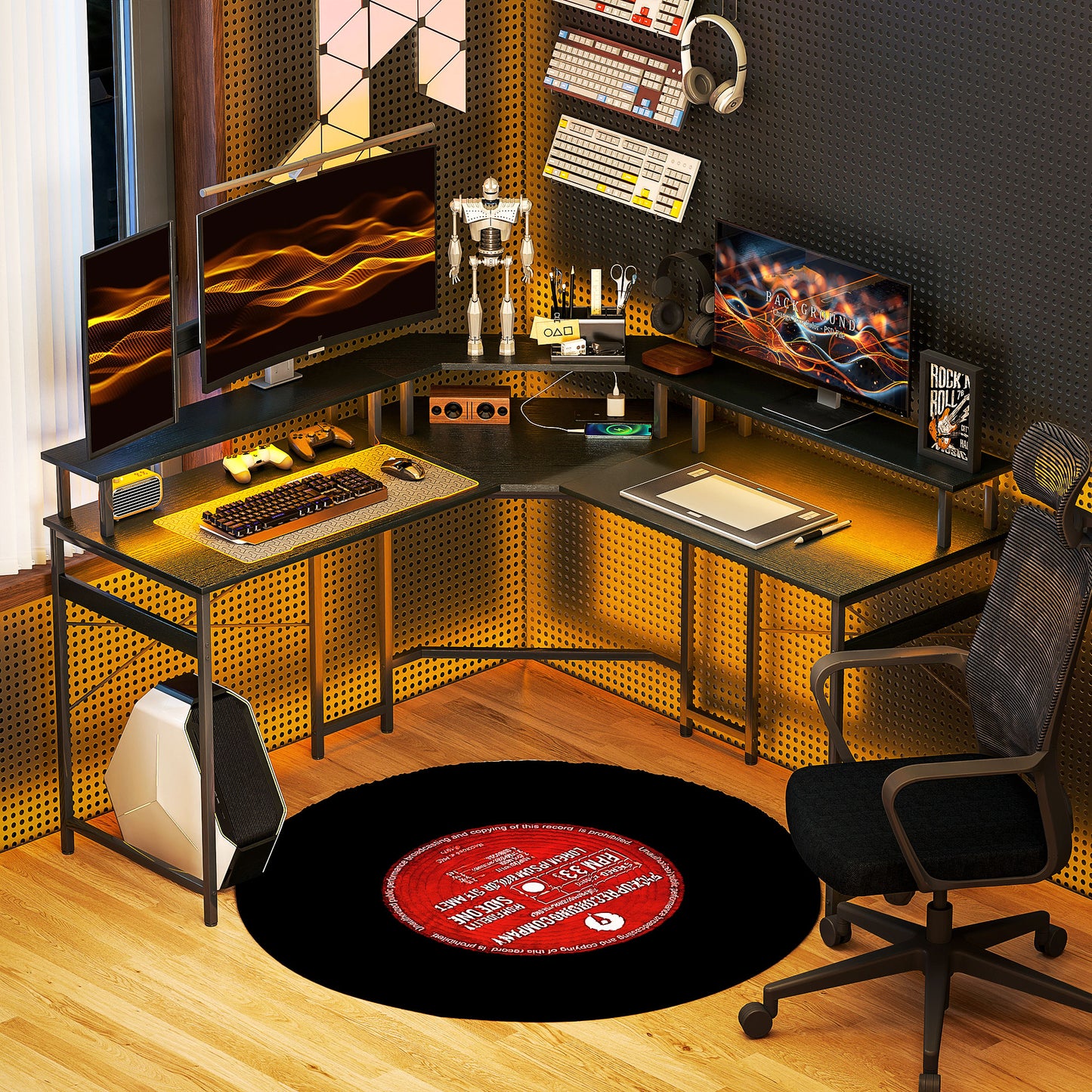 HOMCOM L-Shaped Desk with Monitor Stand, USB-C & 16-Color LED Lights - Black