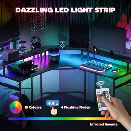 HOMCOM L-Shaped Desk with Monitor Stand, USB-C & 16-Color LED Lights - Black