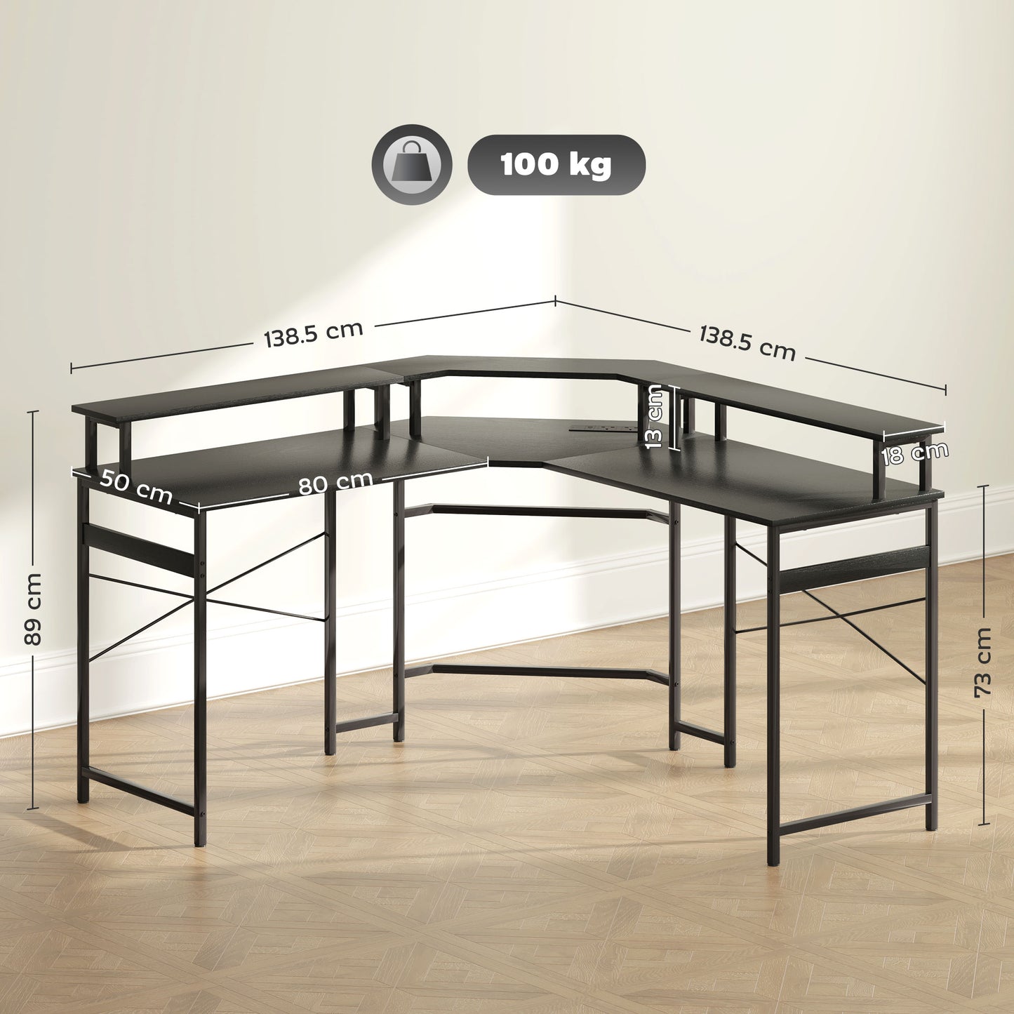 HOMCOM L-Shaped Desk with Monitor Stand, USB-C & 16-Color LED Lights - Black