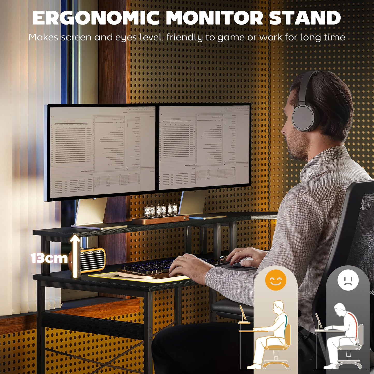 HOMCOM L-Shaped Desk with Monitor Stand, USB-C & 16-Color LED Lights - Black