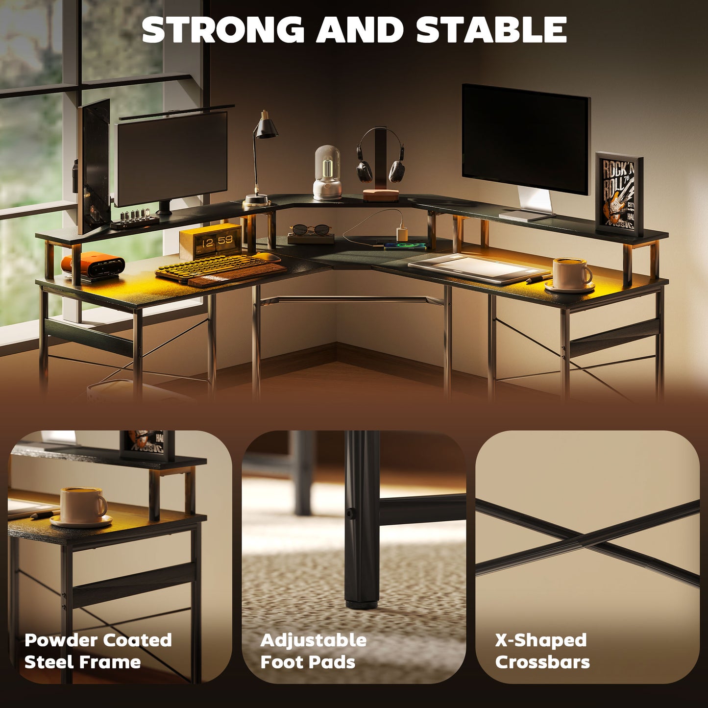 HOMCOM L-Shaped Desk with Monitor Stand, USB-C & 16-Color LED Lights - Black