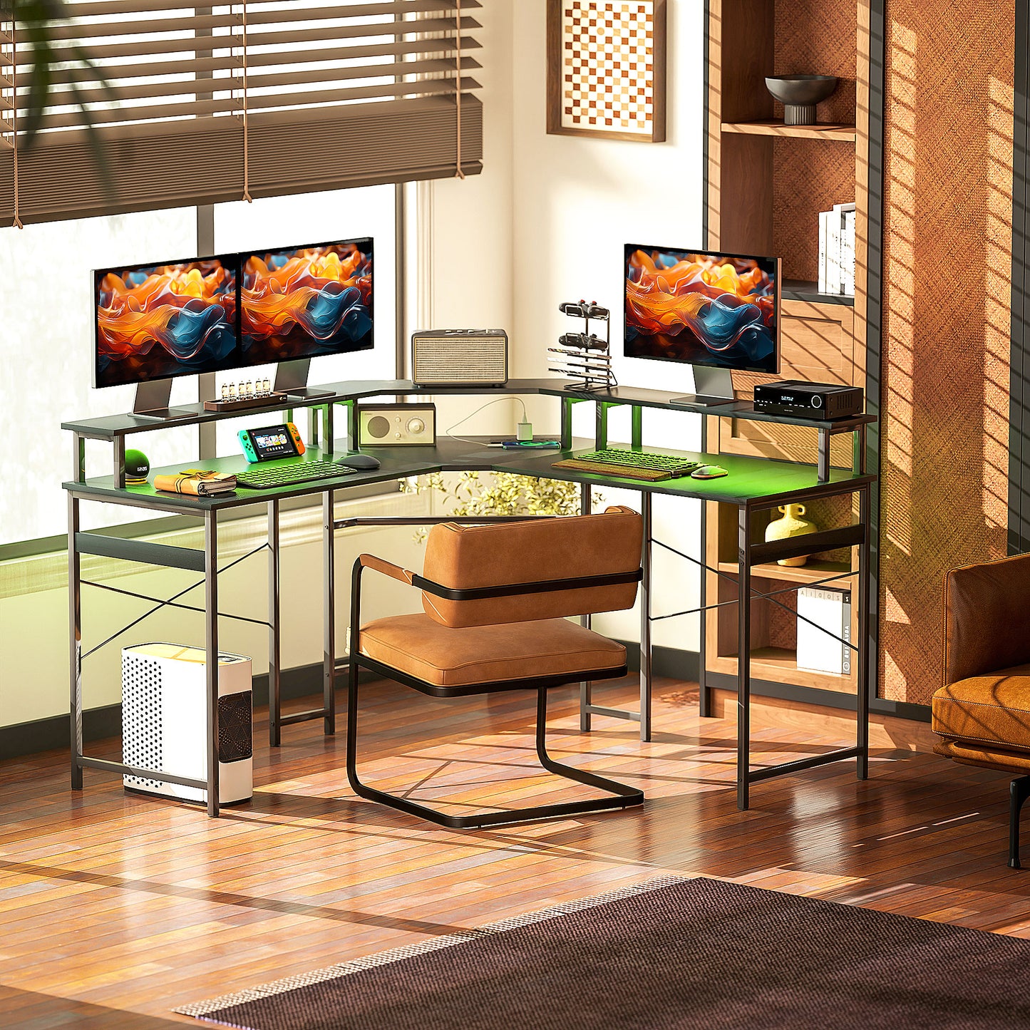 HOMCOM L-Shaped Desk with Monitor Stand, USB-C & 16-Color LED Lights - Black