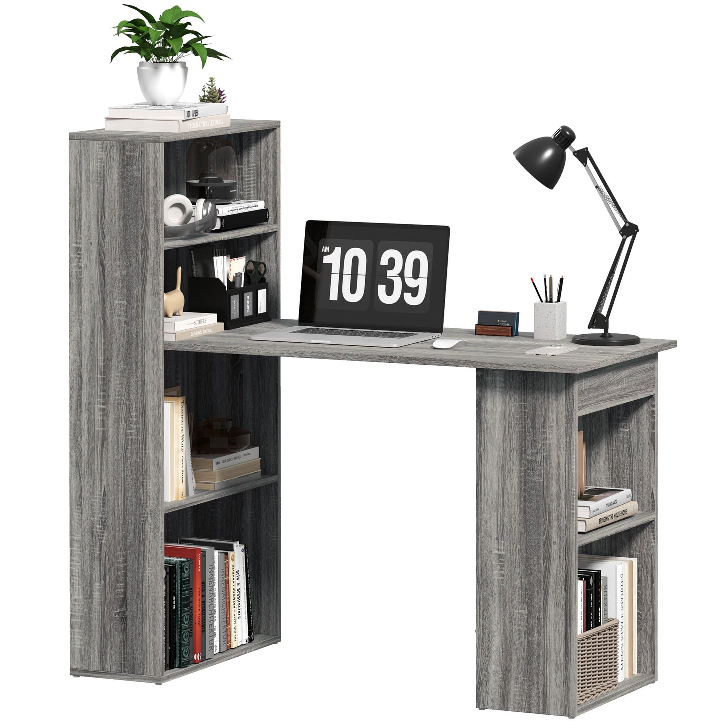 HOMCOM 120cm Desk & Bookshelf Workstation - 6 Shelves, Grey